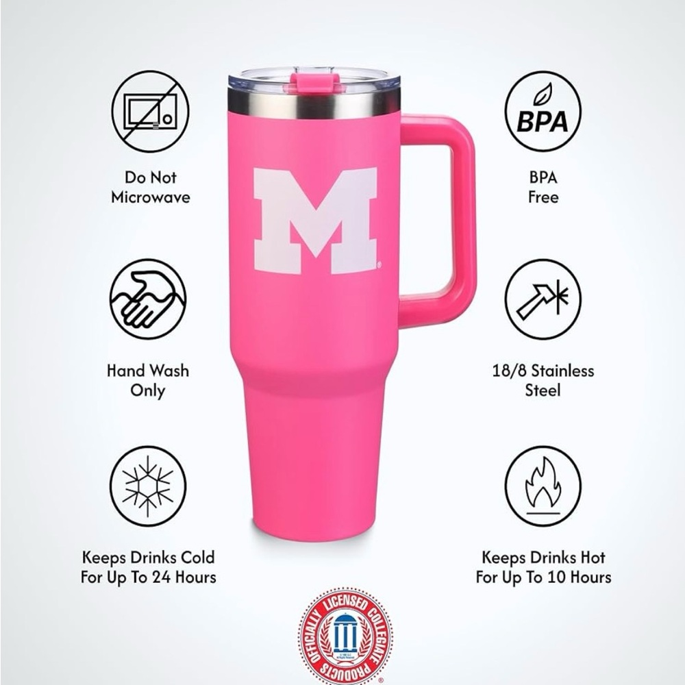 GO BLUE with Pink NIB Michigan Wolverines 40oz Tumbler W/ Straw - Picture 5 of 5